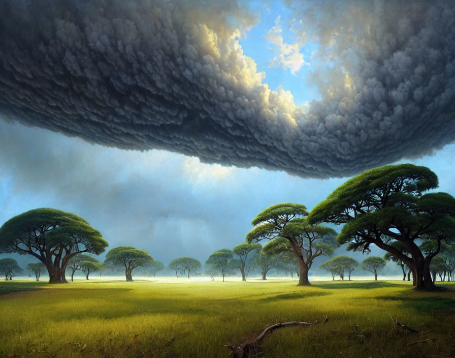 Dramatic savanna landscape under heavy cloud formation