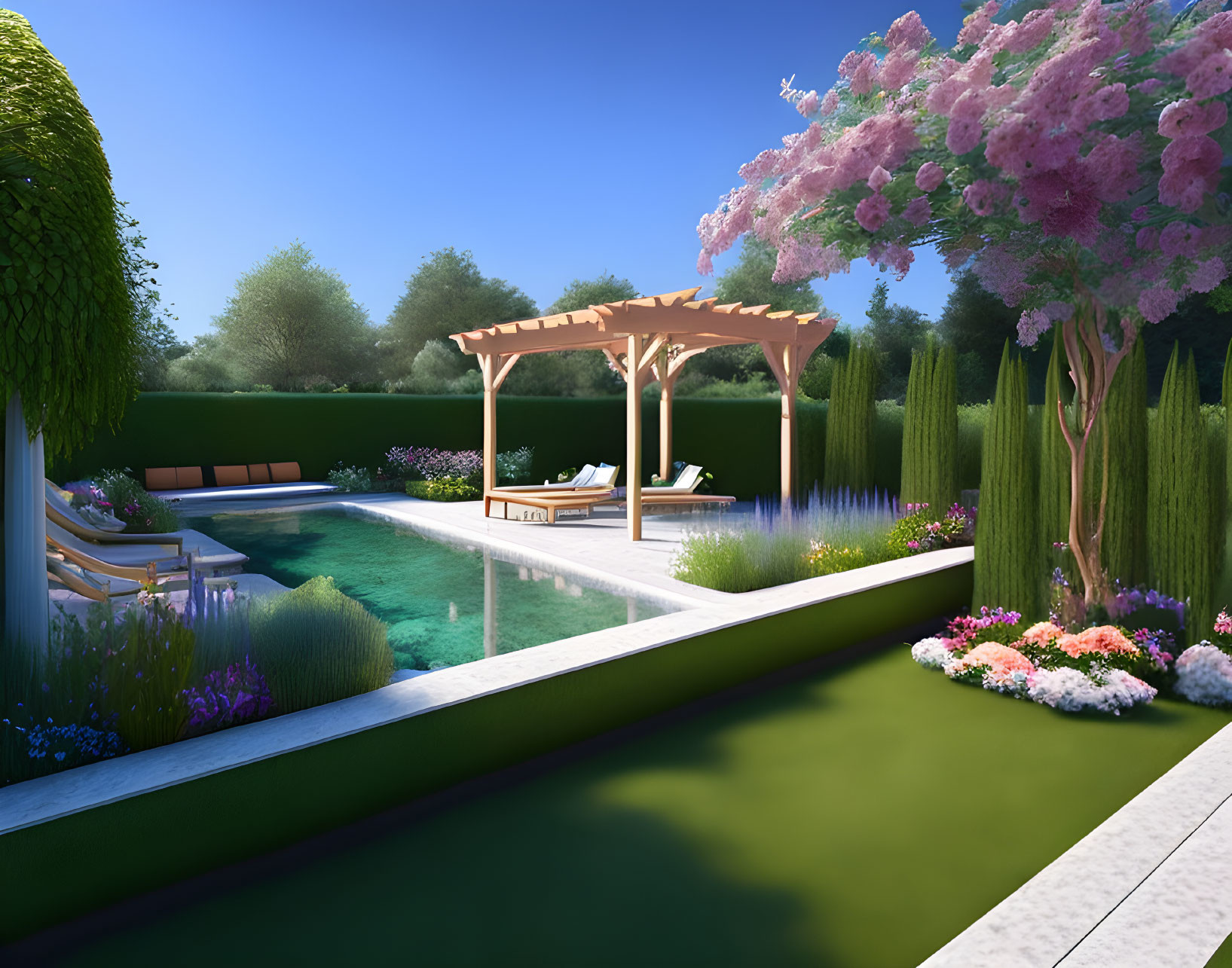 Colorful Flower Garden with Swimming Pool and Wooden Pergola