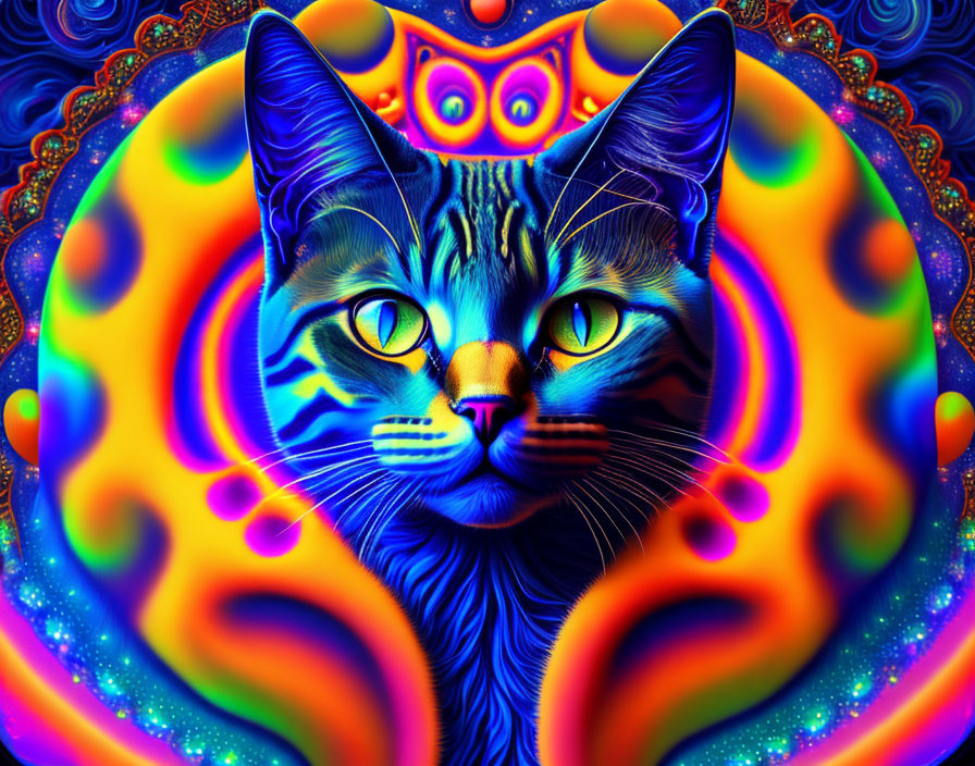 Colorful Psychedelic Cat Illustration with Blue Stripes on Intricate Fractal Background