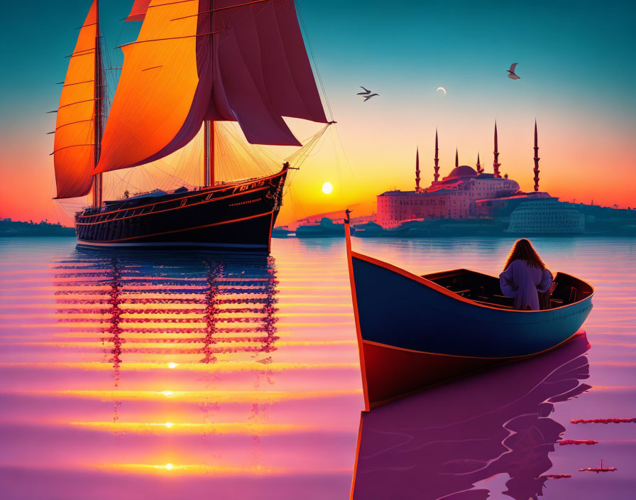 Tranquil sunset scene with woman in boat, sailboat, and mosque silhouette reflected in calm waters