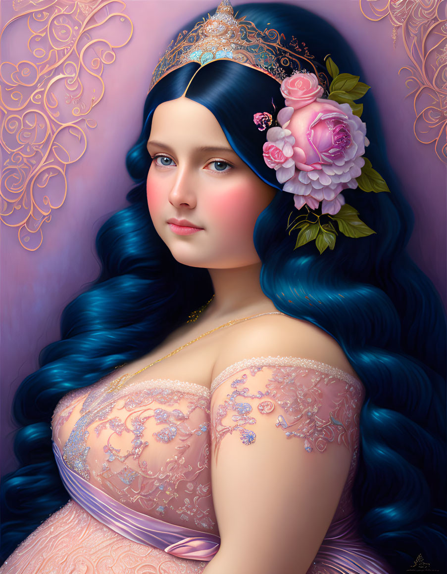 Portrait of woman with blue hair, headband, pink dress, necklace, and flower.