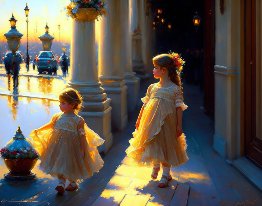 Two young girls in elegant dresses on sunlit ornate porch