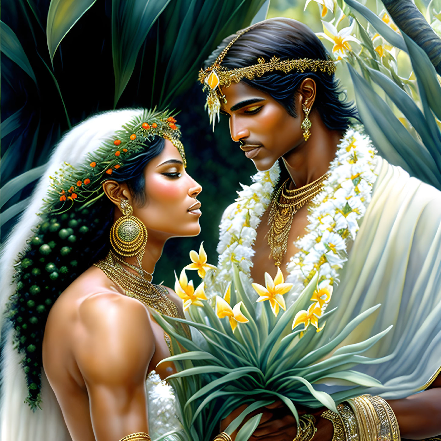 Man and woman in traditional Indian attire exchanging a loving gaze amidst floral backdrop