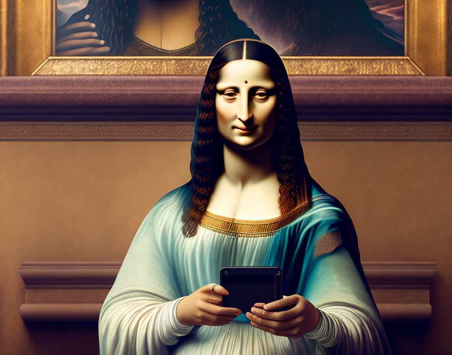 Classic painting with modern twist: Mona Lisa holding smartphone for selfie.