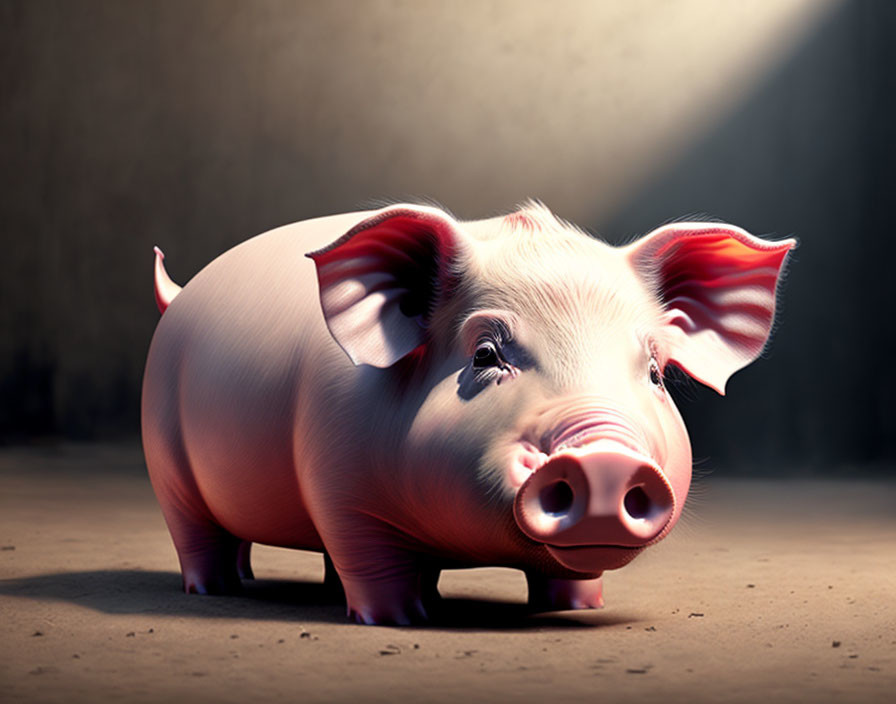 Detailed 3D illustration: Smiling pink pig in light beam