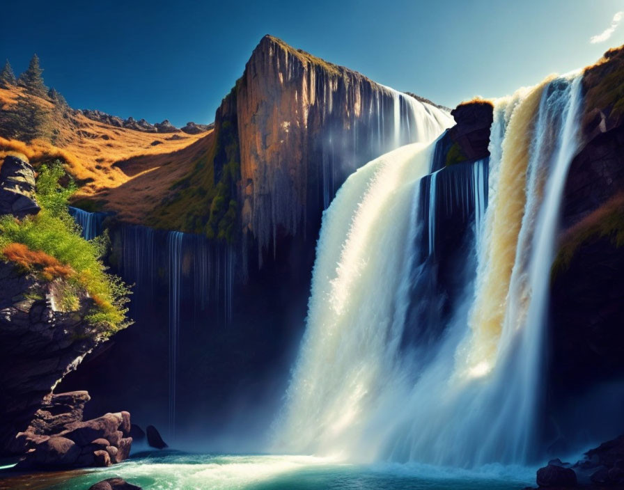 Majestic waterfall cascading over cliff into serene pool