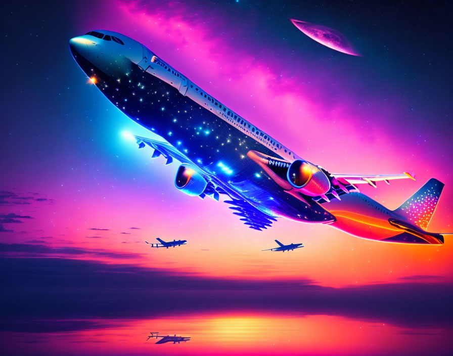 Colorful digital artwork of a plane in starry night sky with silhouetted planes and planet