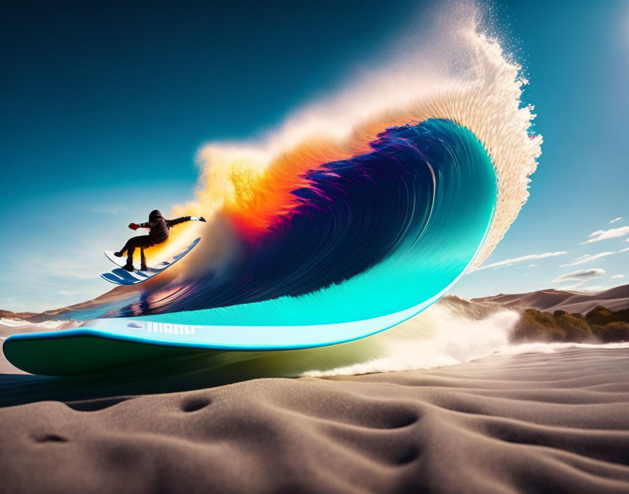 Surfer riding vibrant wave blending into desert landscape