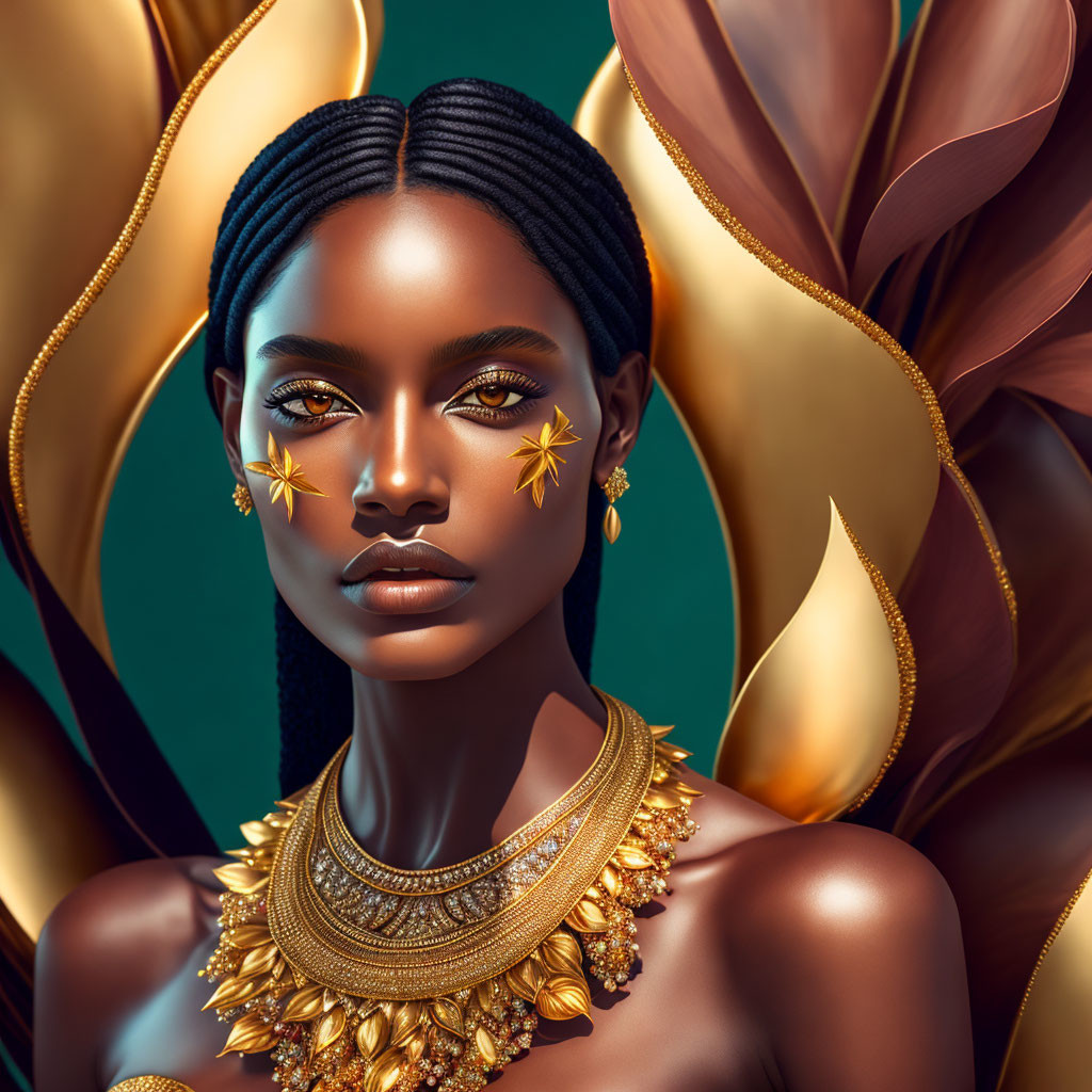 Digital artwork featuring woman with gold star makeup, braided hair, and ornate jewelry amidst golden leaves