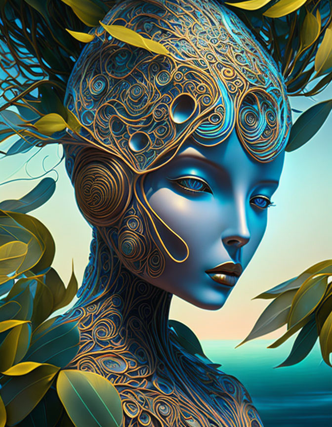 Digital Artwork: Female Figure with Blue Hues and Intricate Patterns