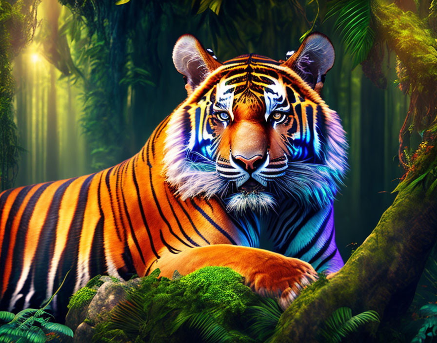 Majestic Tiger Resting Among Lush Green Foliage