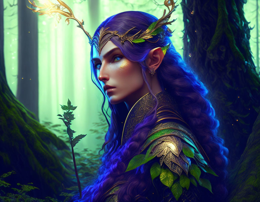 Purple-skinned elf with golden leaf adornments in mystical forest