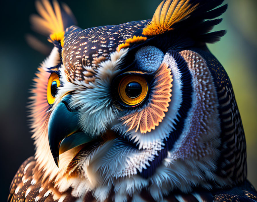 Colorful Stylized Owl with Detailed Feathers and Yellow Eyes