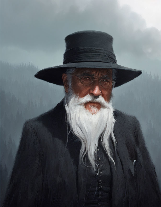 Elderly Man with White Beard and Top Hat in Forest Scene