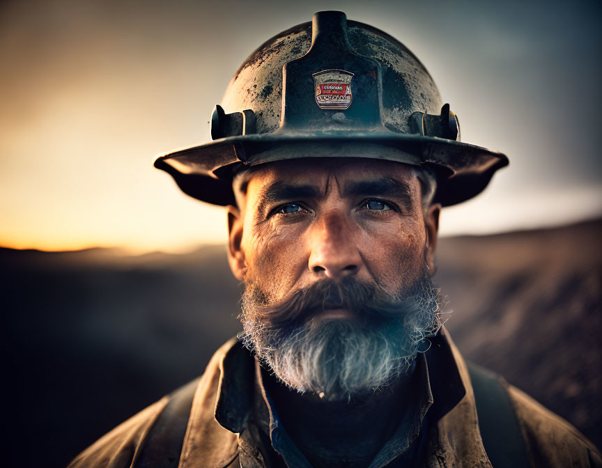 Bearded man in hard hat gazes intently outdoors