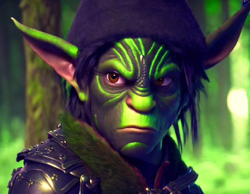 Fantasy creature with green skin and glowing patterns in dark hood, mystic forest background