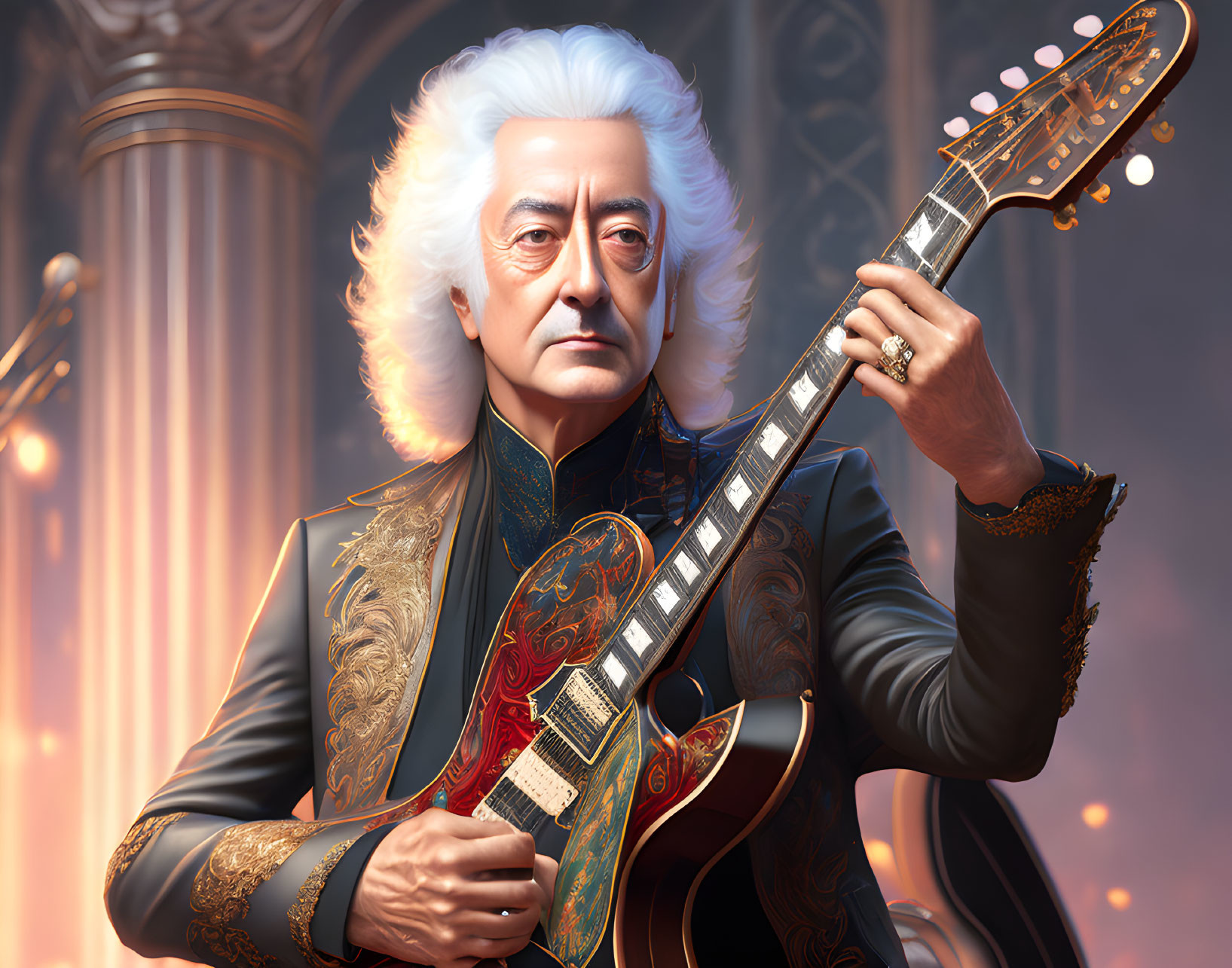 Digital Artwork: Person in Classical Attire with Electric Guitar & Baroque Architecture