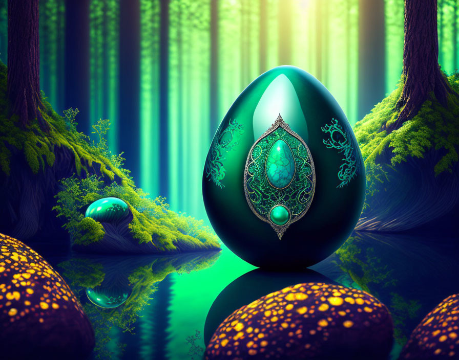 Intricate ornate eggs in vibrant forest reflection