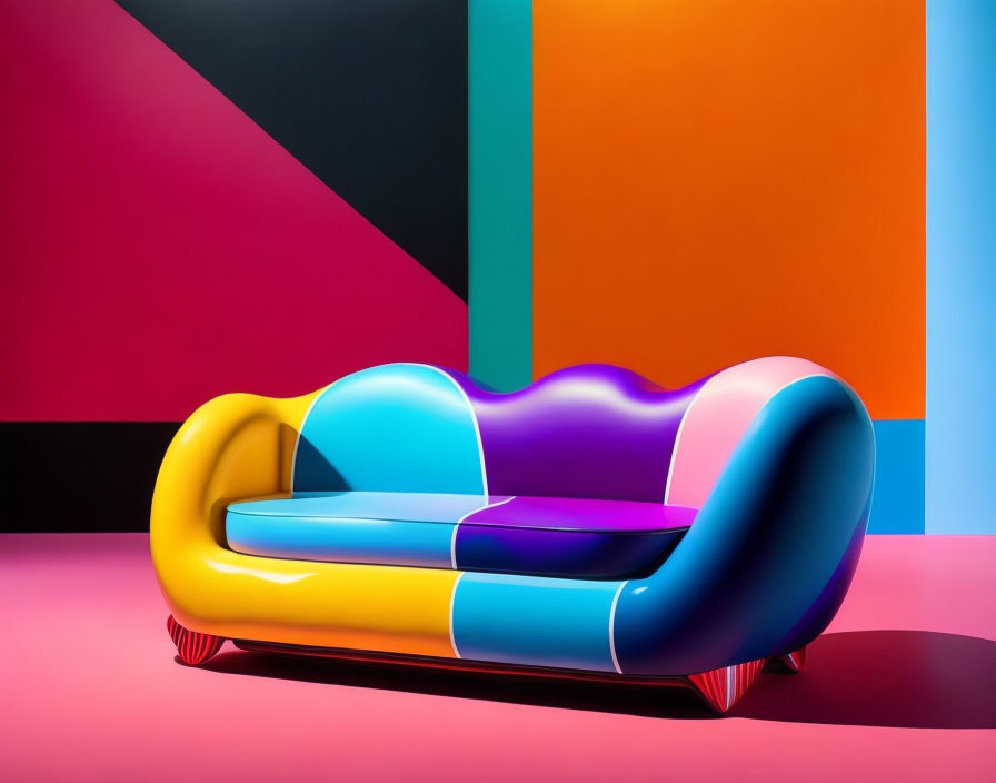 Multicolored Designer Sofa Against Abstract Geometric Background