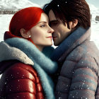 Affectionate couple with foreheads touching in snowy landscape