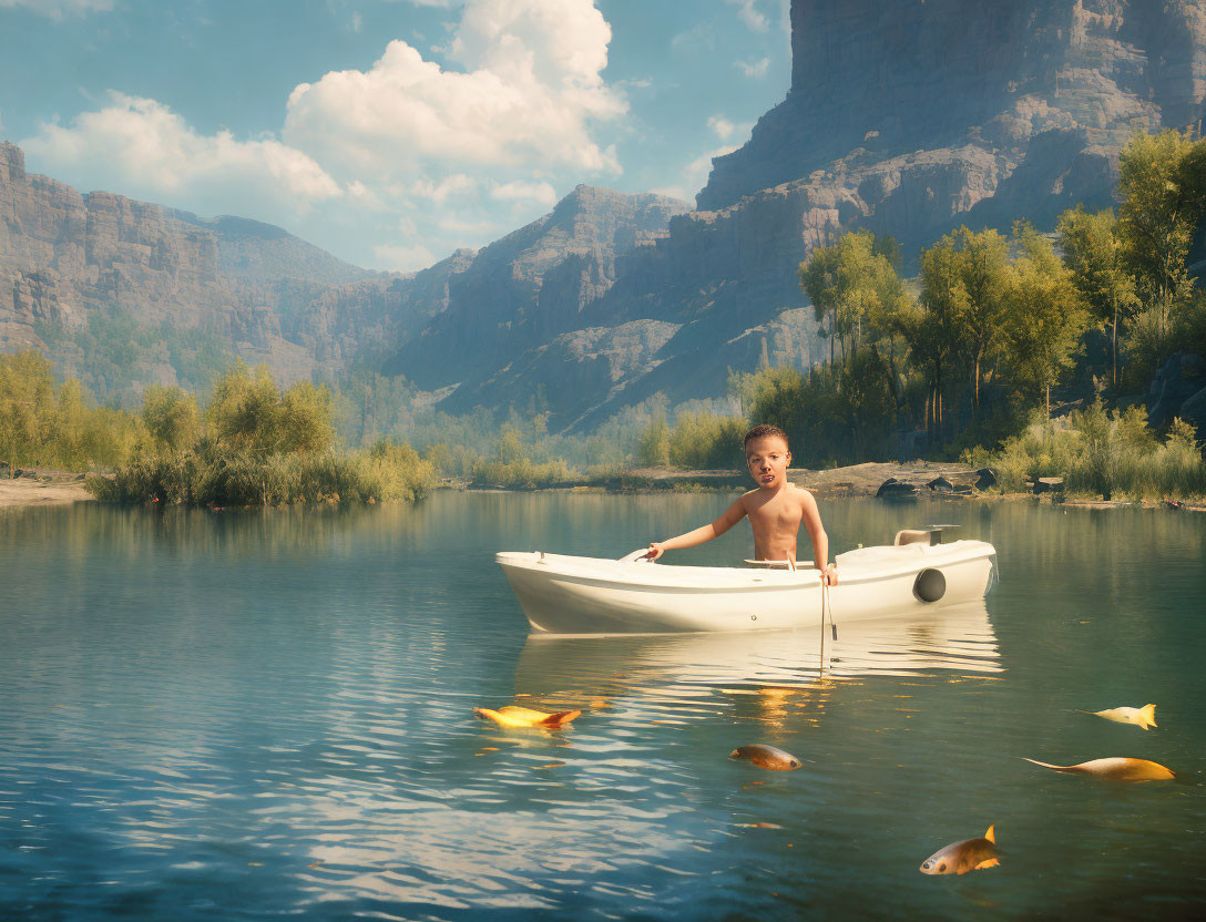 Child paddling boat on tranquil river with fish and mountains.