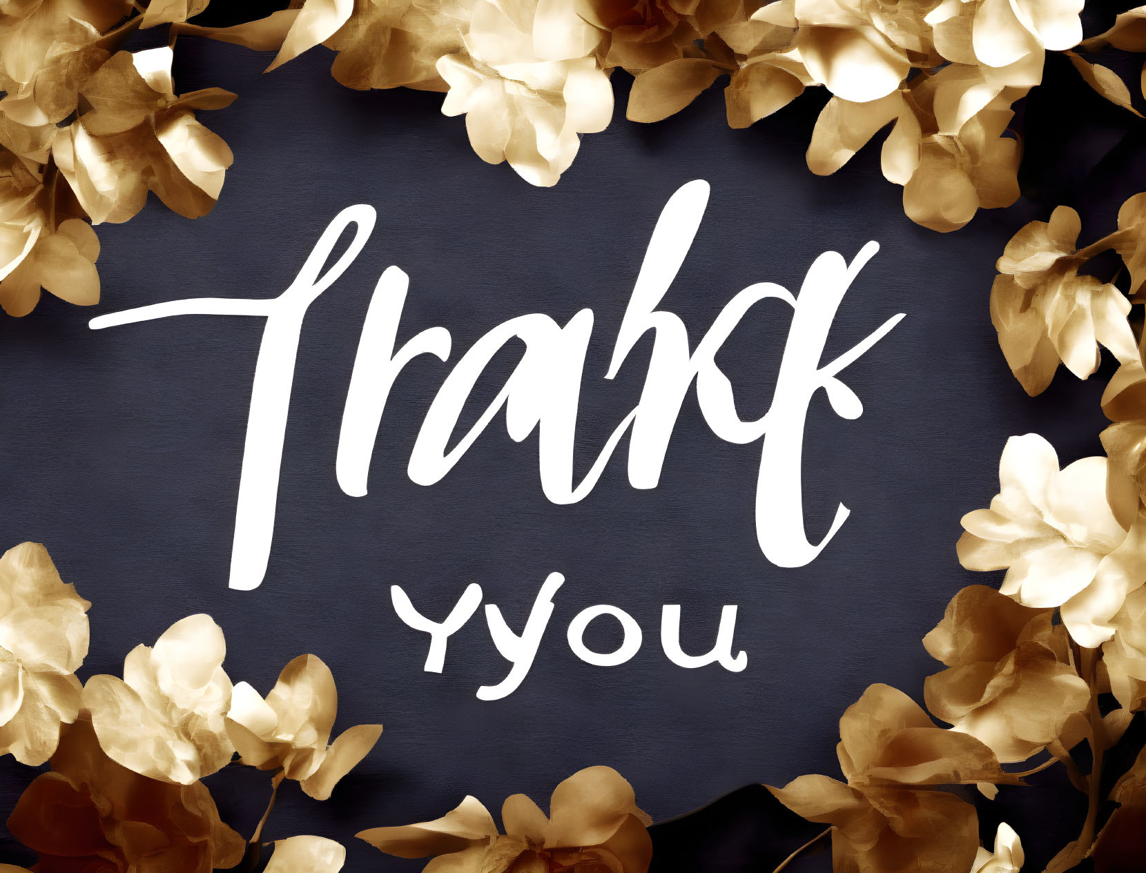 White cursive "Thank you" message in golden leaf frame on dark background