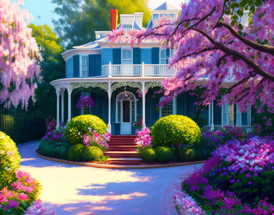 Colorful painting of two-story house with wraparound porch and blooming trees