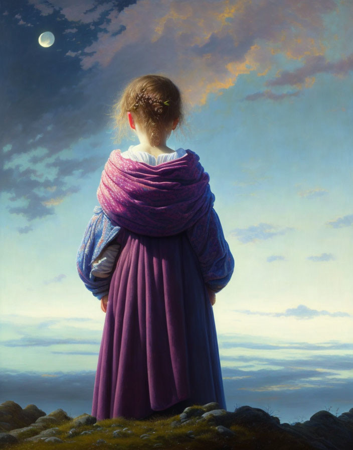 Girl in Purple Dress and Blue Shawl Gazes at Crescent Moon in Serene Landscape