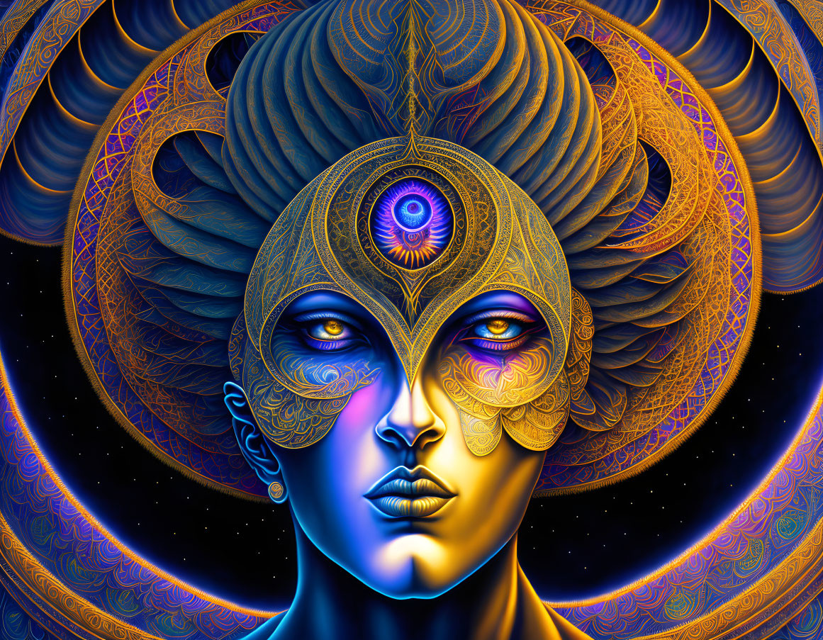 Colorful Stylized Face Artwork with Third Eye and Cosmic Patterns