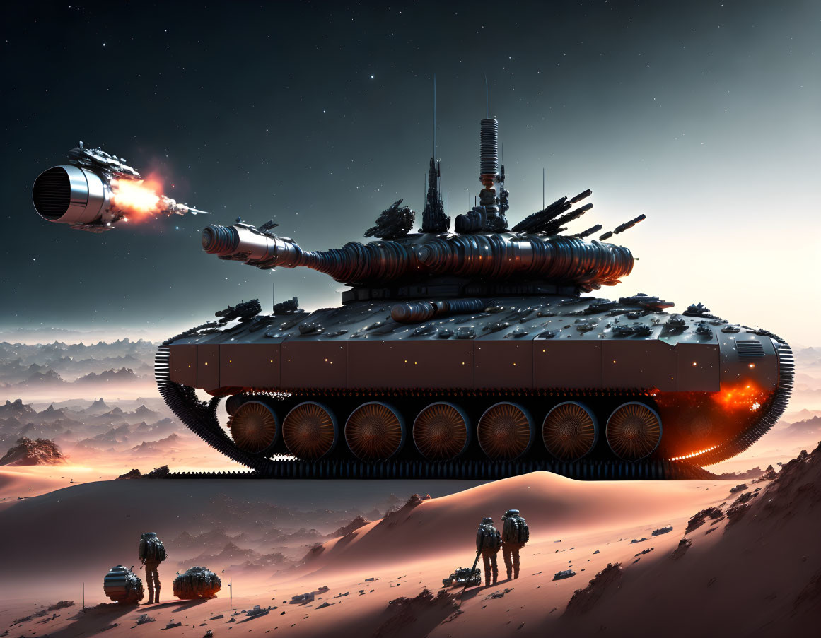 Futuristic tank with advanced weaponry in desolate rocky landscape