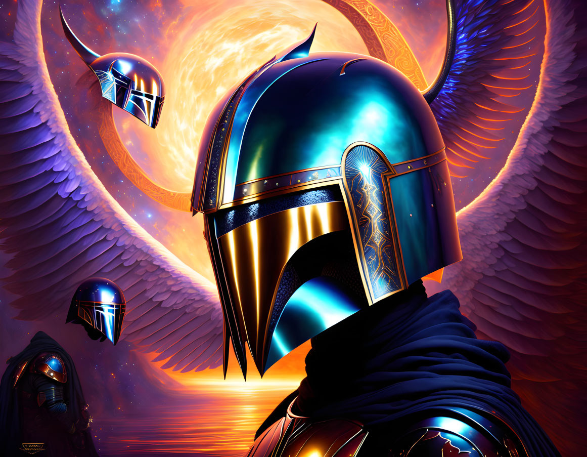 Stylized helmet with wings in cosmic setting and celestial body.