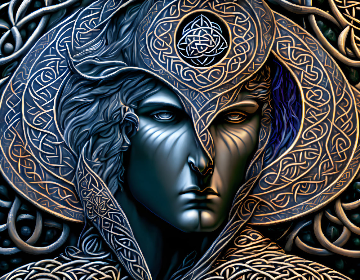 Intricate Celtic Knotwork Face Art with Cool Tones