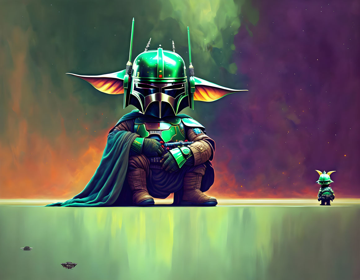 Warrior in Green Mandalorian Armor Kneeling with Cosmic Background