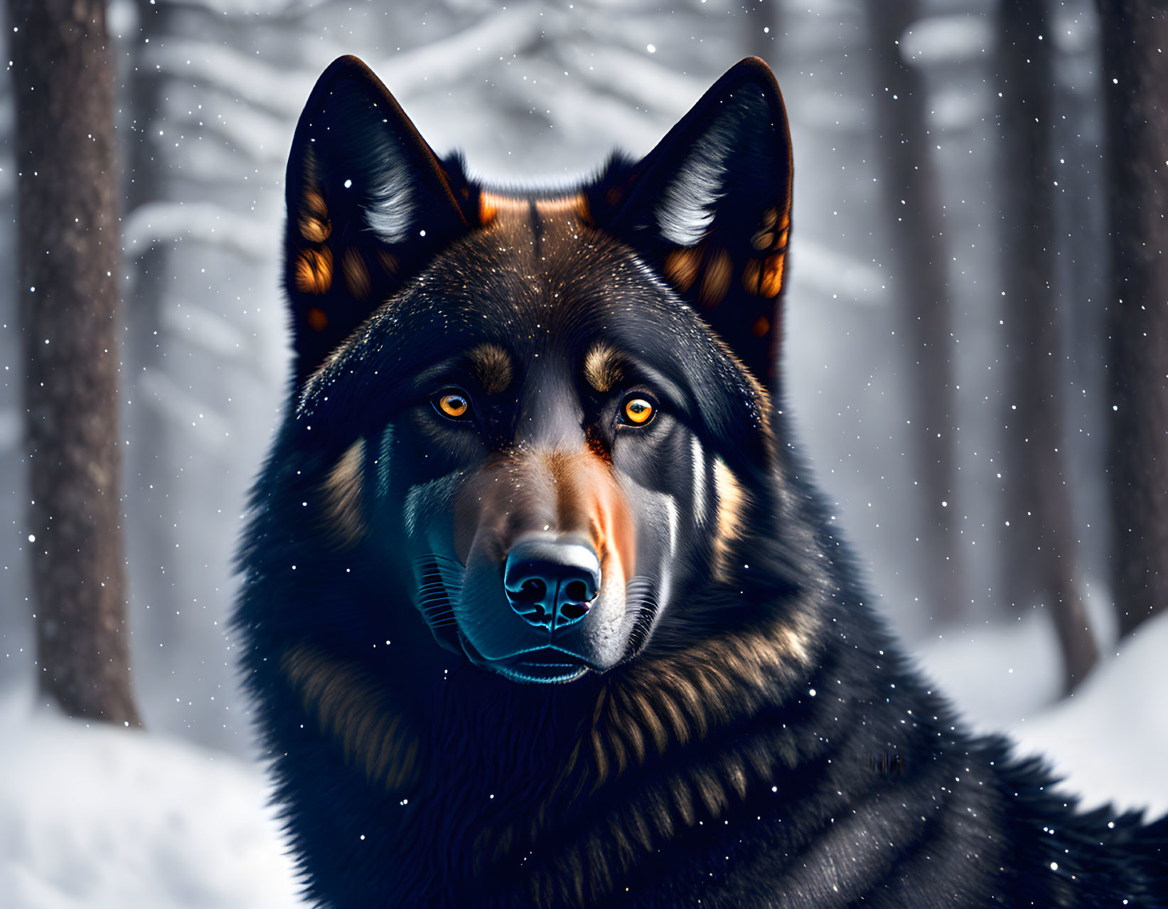 Digital Artwork: Wolf with Amber Eyes in Snowy Forest