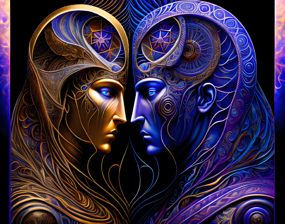 Digital artwork featuring intricate ornate faces in profile forming a heart shape against a cosmic backdrop