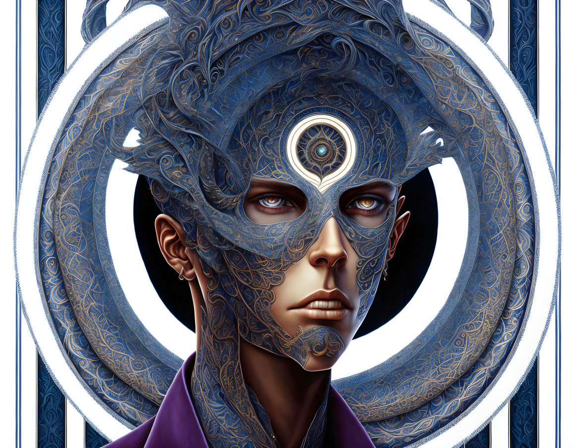 Intricate digital artwork: person with ornate mask and centered eye against detailed background