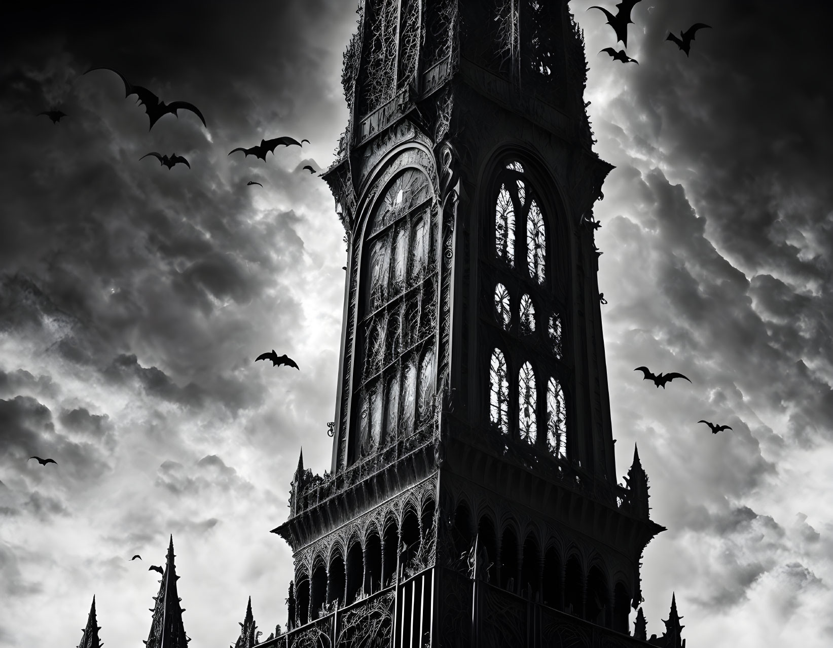 Gothic-style tower against dramatic sky with flying bats.