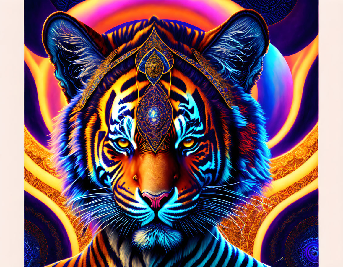 Colorful Tiger Digital Art with Psychedelic Mandala and Mystic Symbols