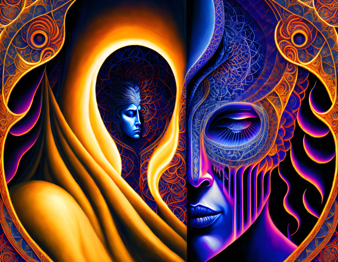 Colorful Psychedelic Art: Stylized Faces in Orange and Blue Tones