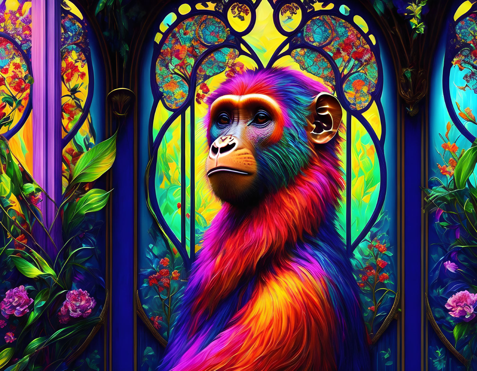 Colorful Monkey Illustration in Front of Stained-Glass Window