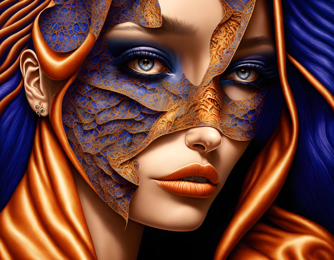 Detailed digital artwork: Woman with vibrant blue hair and textured orange/blue mask, showcasing striking blue eyes.