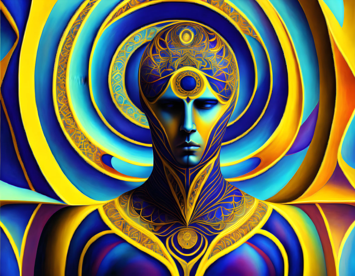 Surreal blue humanoid figure with intricate golden patterns on vibrant abstract backgrounds