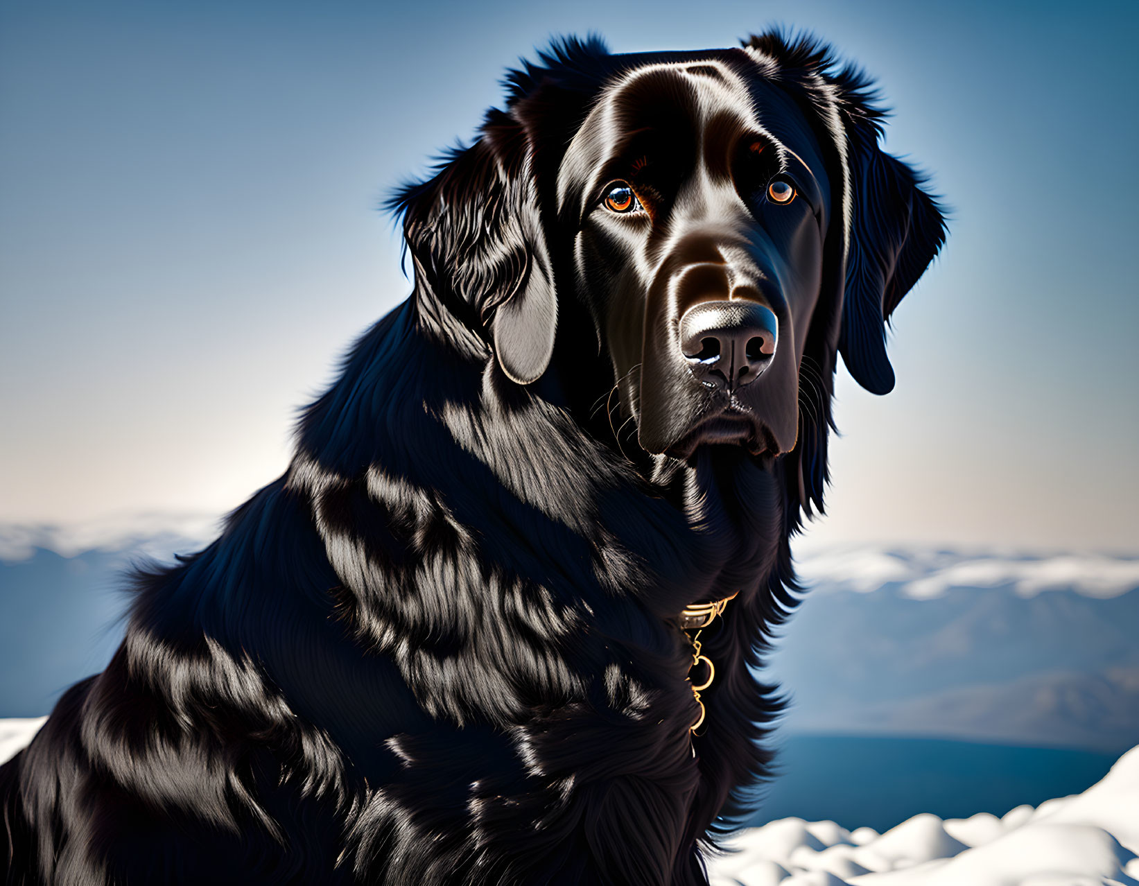 Black Dog with Shiny Coat Against Snowy Mountain Backdrop