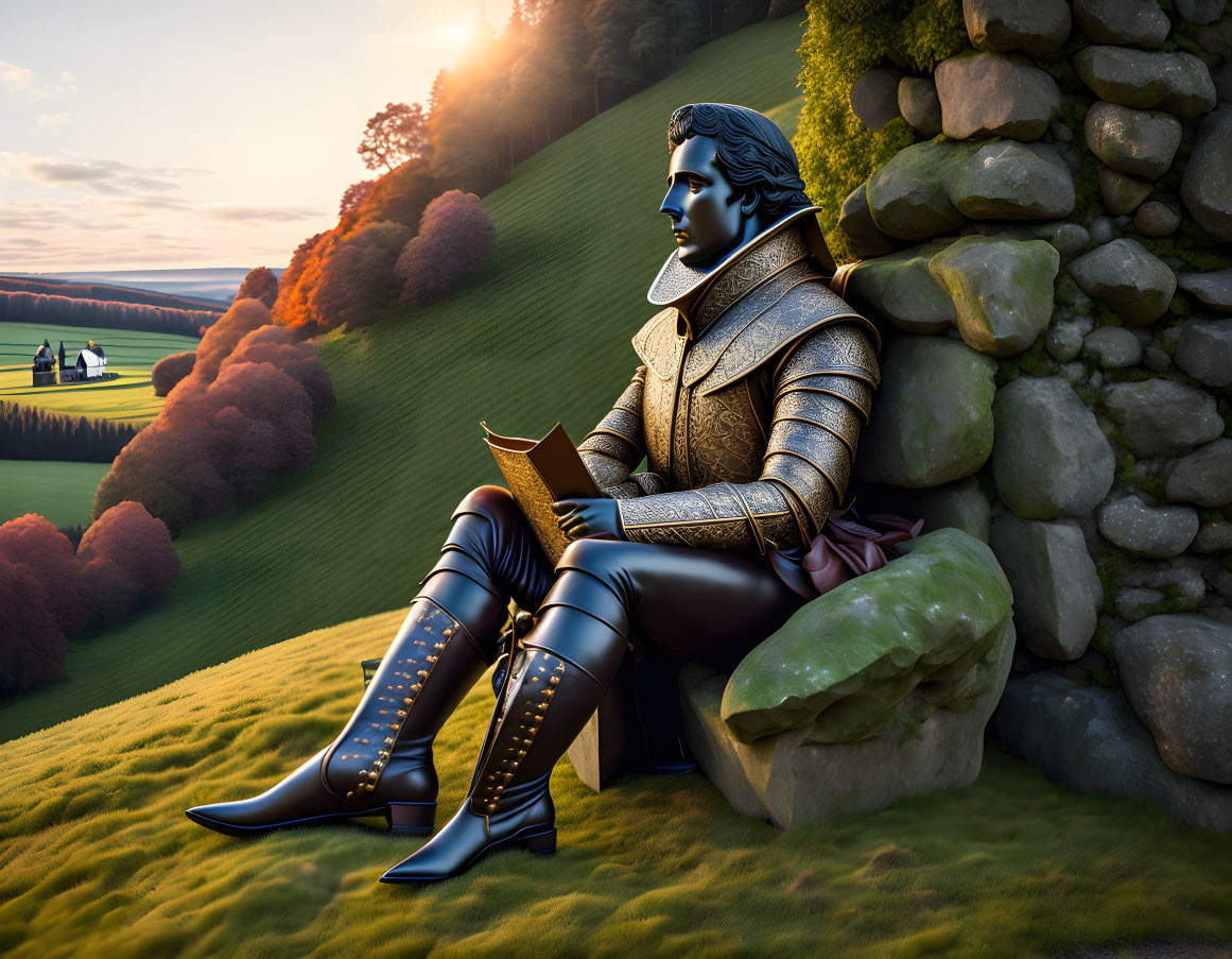 Nobleman Statue in Armor Reading Book at Sunset