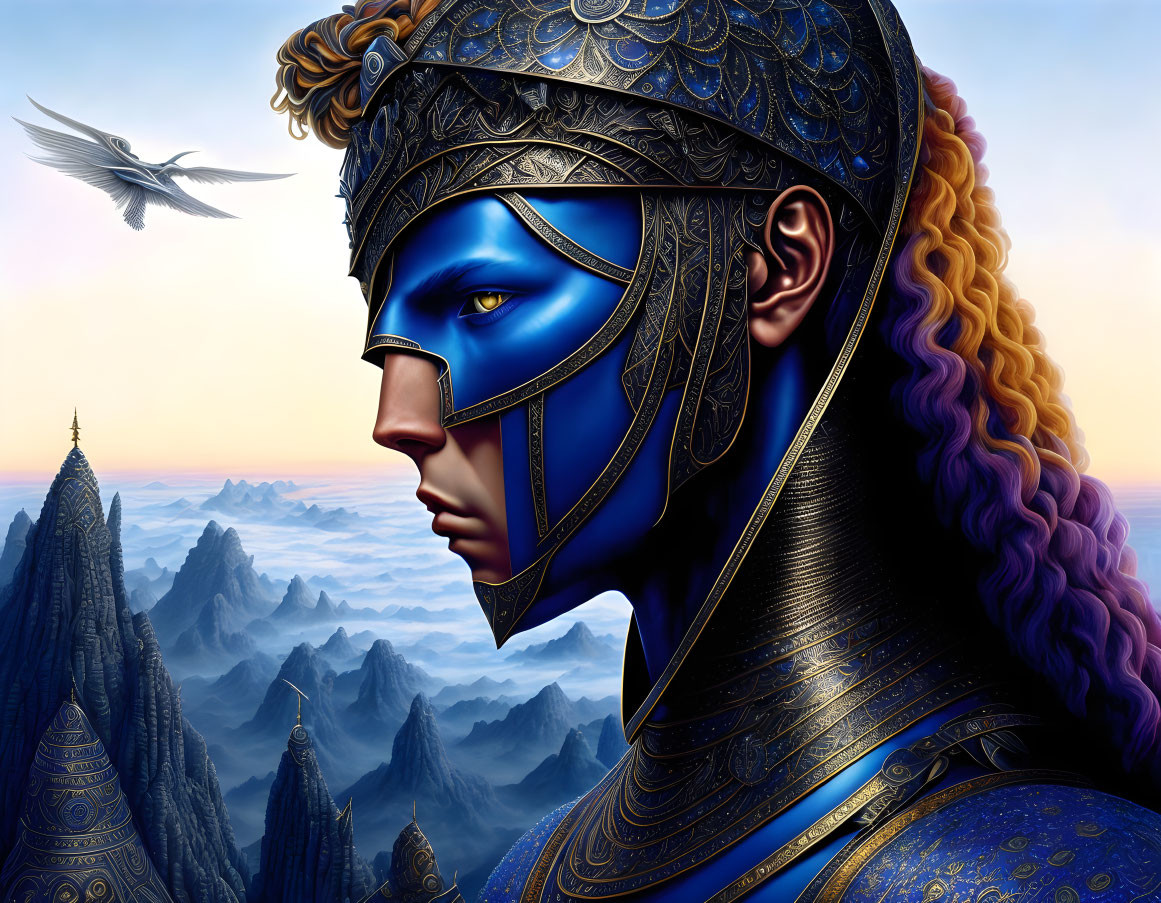 Detailed digital artwork of woman in blue armor with fantasy landscape & metallic bird