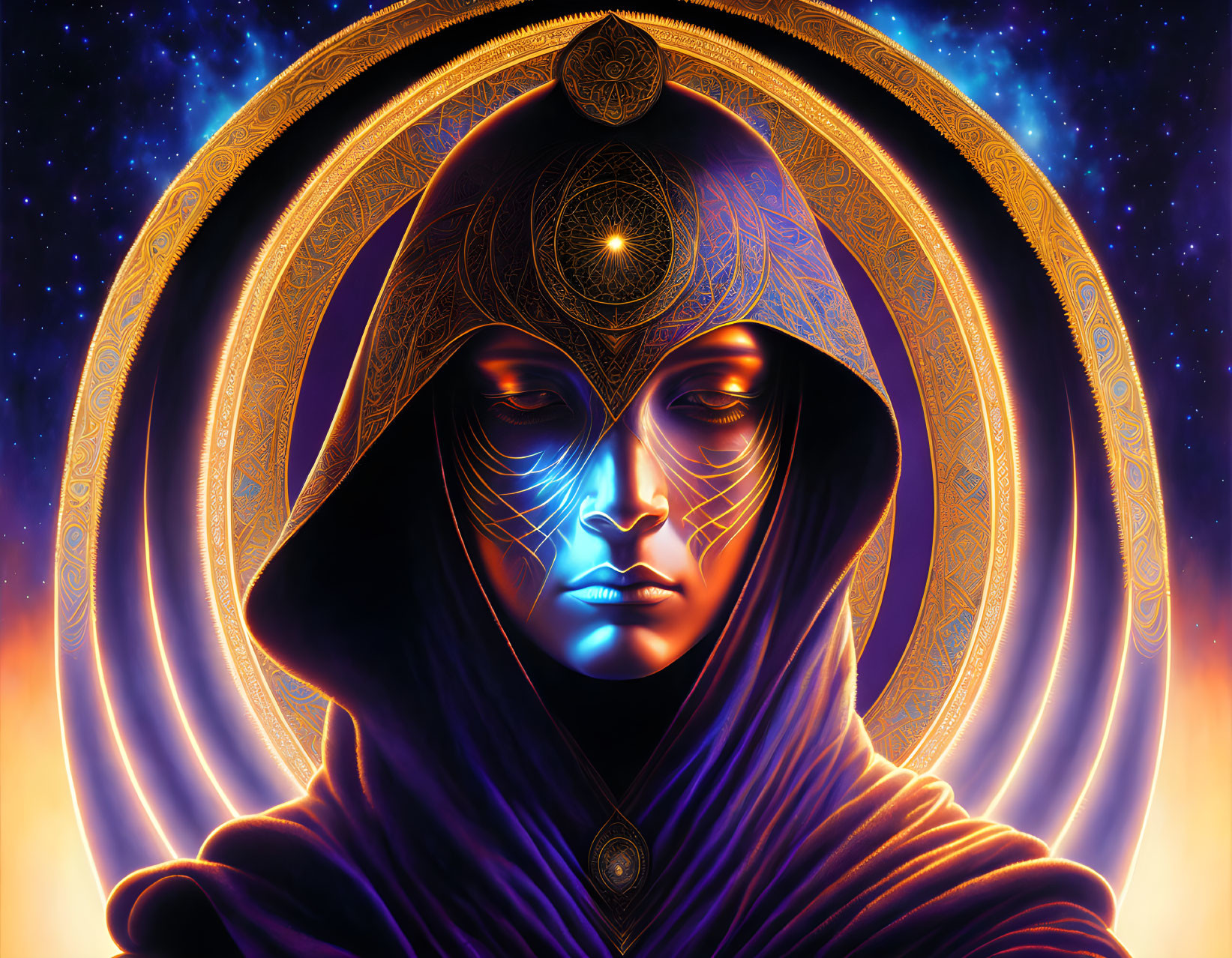 Blue-skinned mystical figure in golden attire on cosmic background