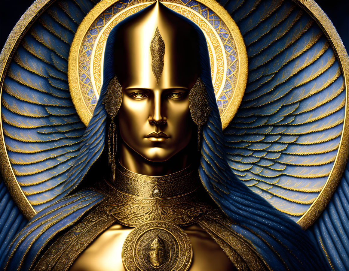 Golden humanoid figure with halo headpiece and metallic blue wings.