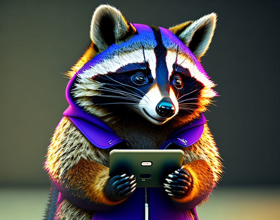 Anthropomorphic raccoon in purple jacket looking at smartphone