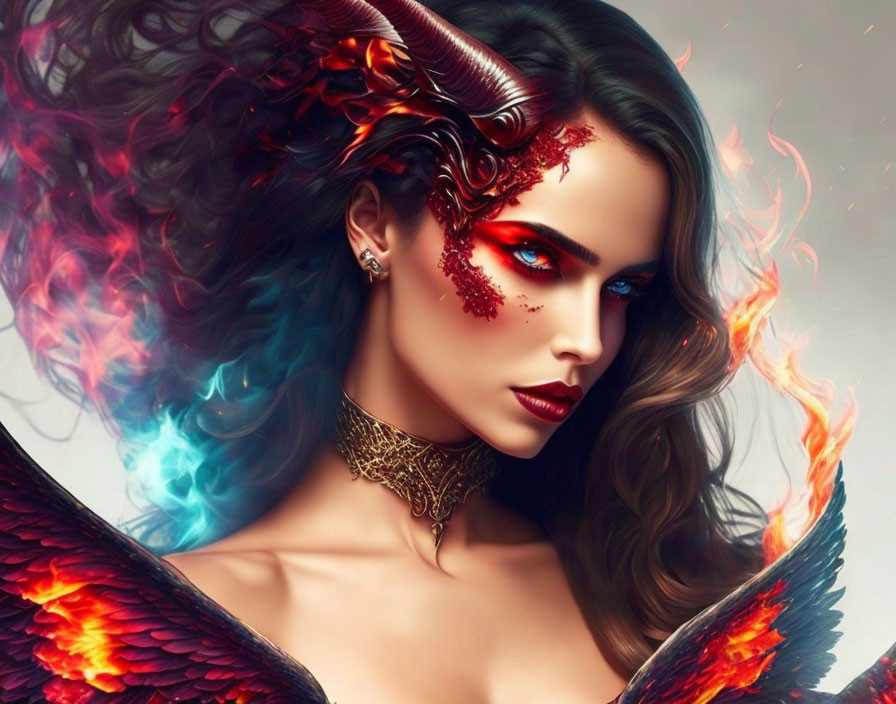 Mystical female figure with horns and fiery wings surrounded by blue and orange flames