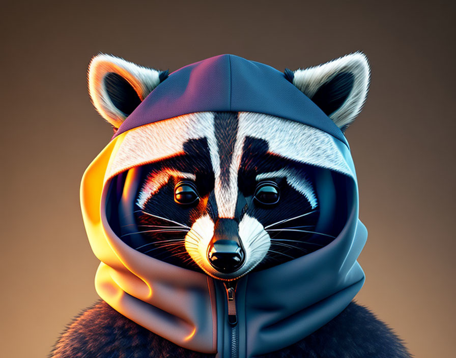 Stylized 3D illustration of raccoon in blue hoodie and scarf